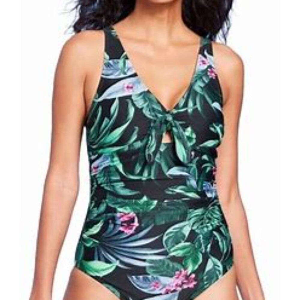 Kona Sol Women's Full Coverage Tummy Control Tie-Front One Piece Swimwear NEW